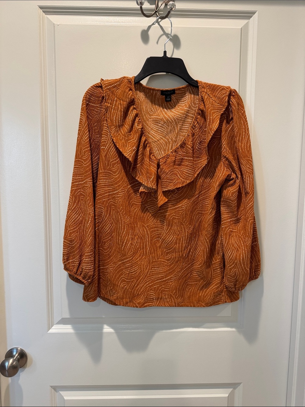 Ann Taylor Rust Ruffle V-Neck Blouse with Dotted Swirl Print